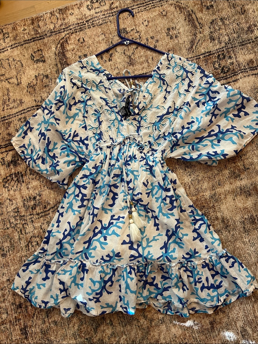 Womens White and Blue Coral-Print Ruffle Dress